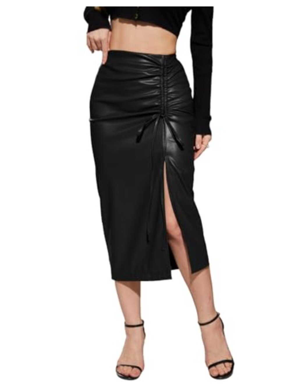 HERBATOMIA Women's Faux Leather Bodycon Skirt High Waisted Side Slit Ruched